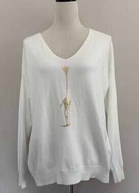 Venti Sei Sweater Womens Large? Ivory Gold Giraffe Graphic V-Neck Long Sleeves